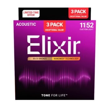 16564 Custom Light 80/20 Bronze Nanoweb Acoustic Guitar Strings, 3-Pack 11-52 Elixir - Image 2