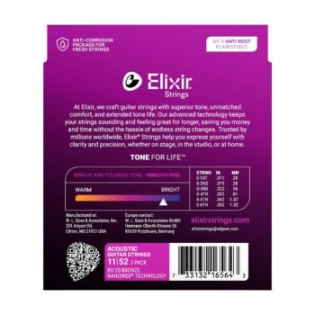 16564 Custom Light 80/20 Bronze Nanoweb Acoustic Guitar Strings, 3-Pack 11-52 Elixir - Image 3