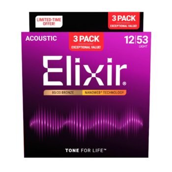 16565 Light 80/20 Bronze Nanoweb Acoustic Guitar Strings, 3-Pack 12-53 Elixir - Image 2